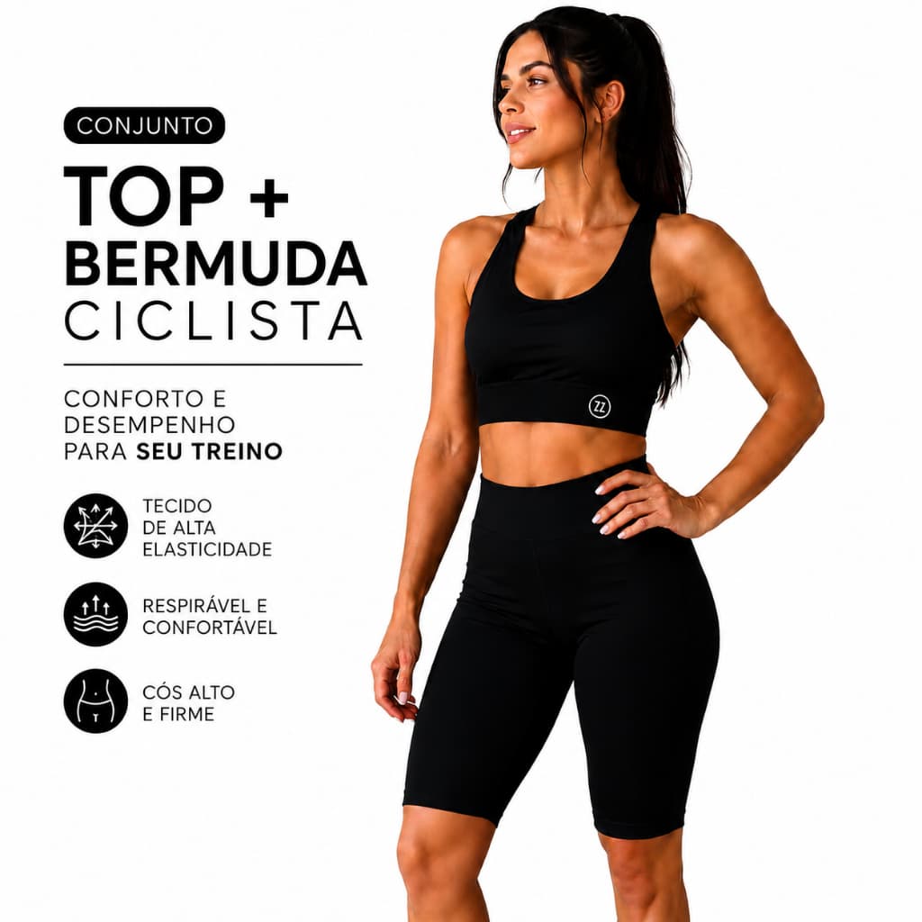 Conjunto Fitness Feminino Top Nadador + Bermuda Ciclista Cós Alto Academia Treino Suplex