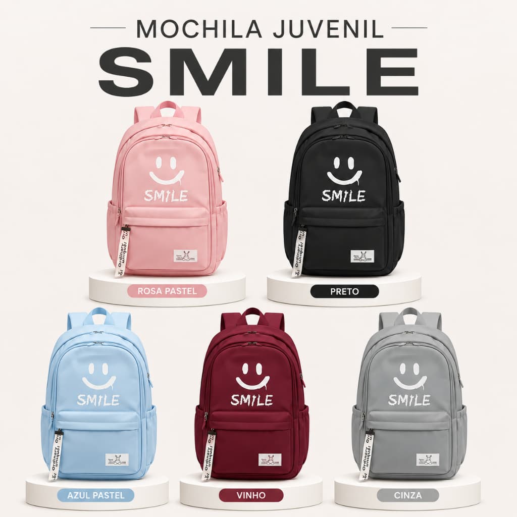 Mochila Escolar Juvenil Smile Grande Resistente com Compartimento Espaçoso