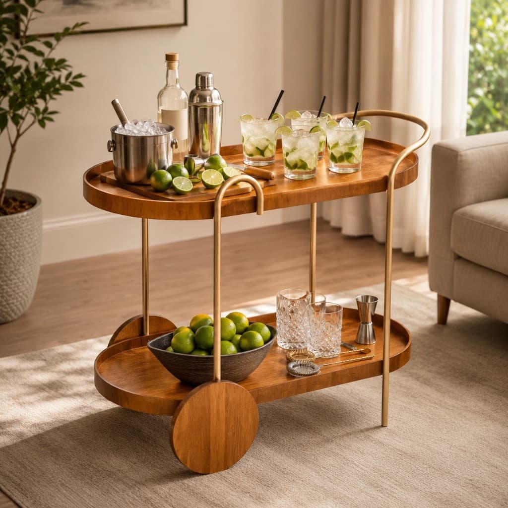 Carrinho Bar 2 Prateleiras 92cm Oval Cinamomo com Dourado e Preto