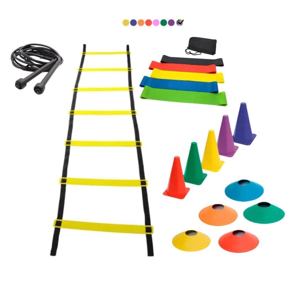 Kit Treino Funcional Agilidade Escada 7 Degraus 5 Cones 5 Chapéus 1 Kit Mini Bands 1 Corda de Pular