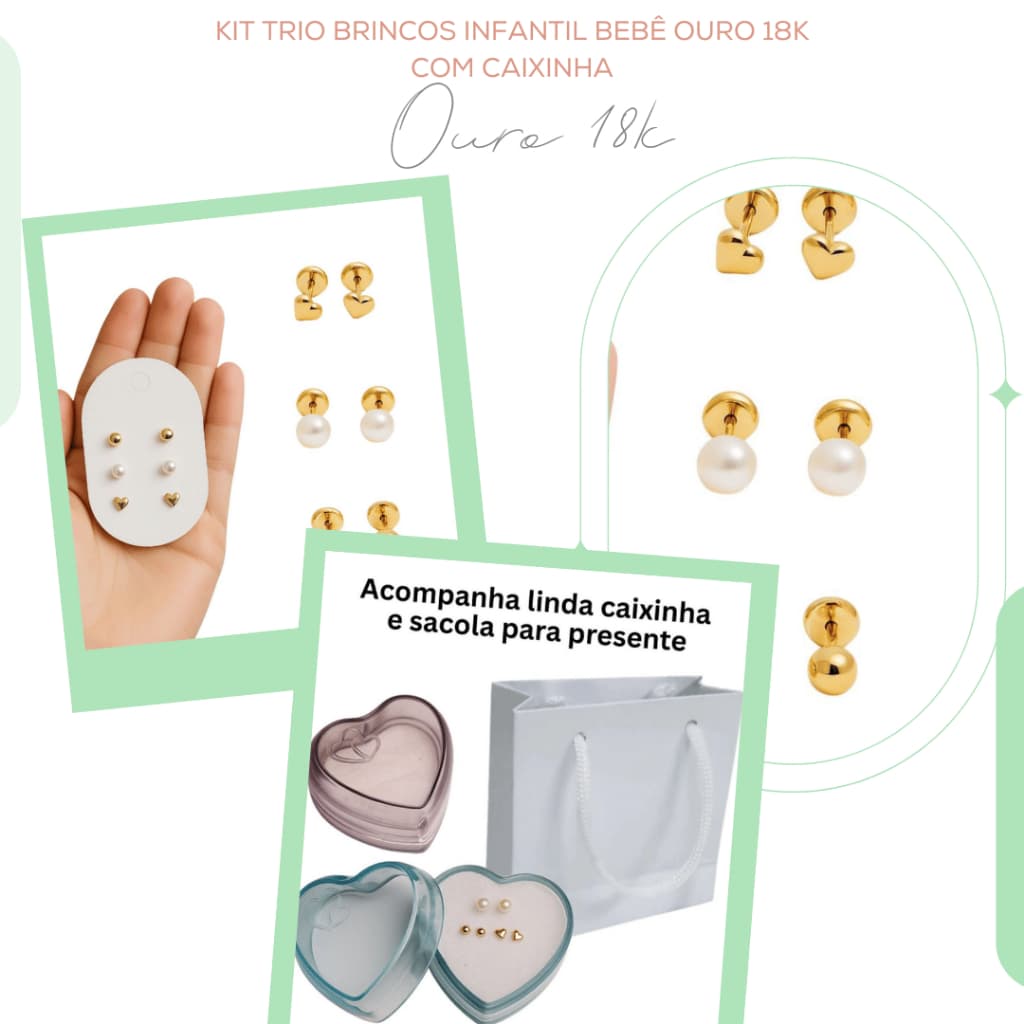 Kit Trio Brincos Bebê Ouro 18K Antialérgico Tarraxa Baby Infantil Presente Coração Pérola Bolinha