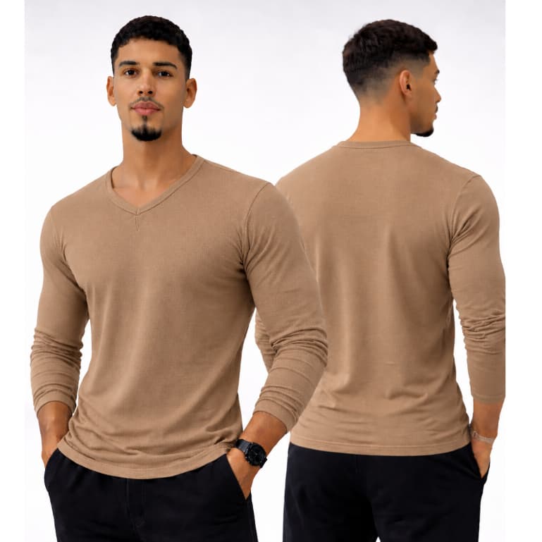 Camiseta Masculina Canelada Básica de Manga Longa em Tecido Leve e Flexível