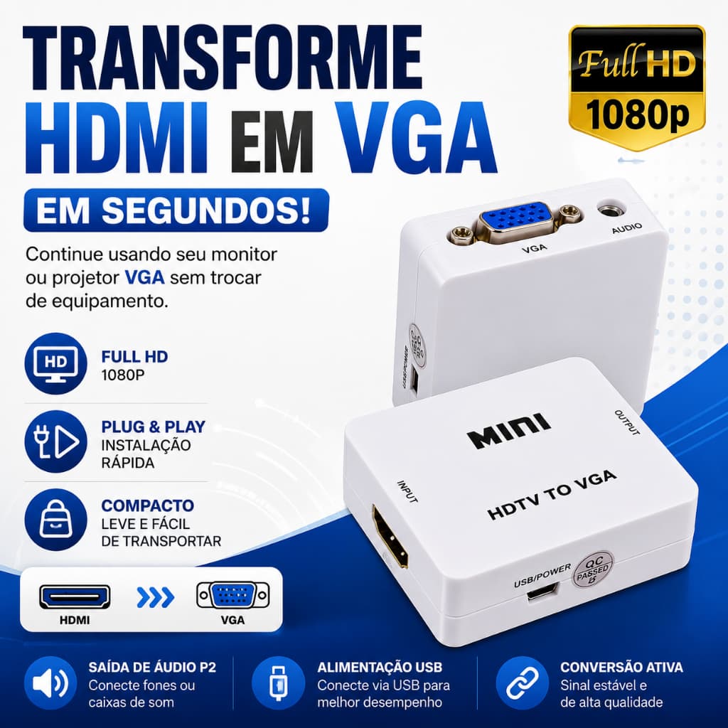 Conversor HDMI para VGA com Áudio P2 Full HD 1080P Adaptador HDMI para Monitor Projetor VGA USB