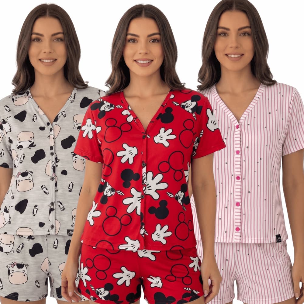 Pijama Feminino Aberto Americano Short Doll/  Conjunto de Dormir Botão Malha Confortável Leve
