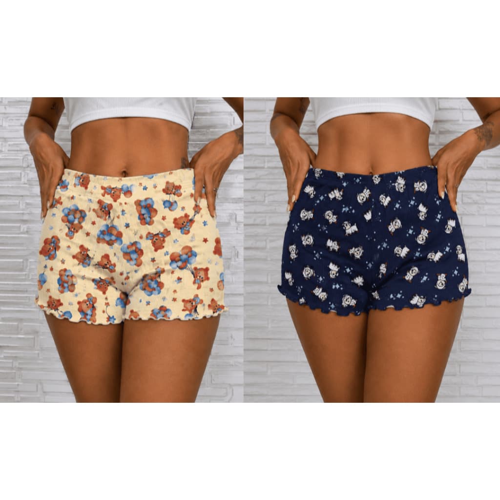 2 UNIDADES DE SHORT DOLL FEMININO LINHA NOITE PIJAMA SUEDE CANELADO ESTAMPADO  SUPER CONFORTÁVEL