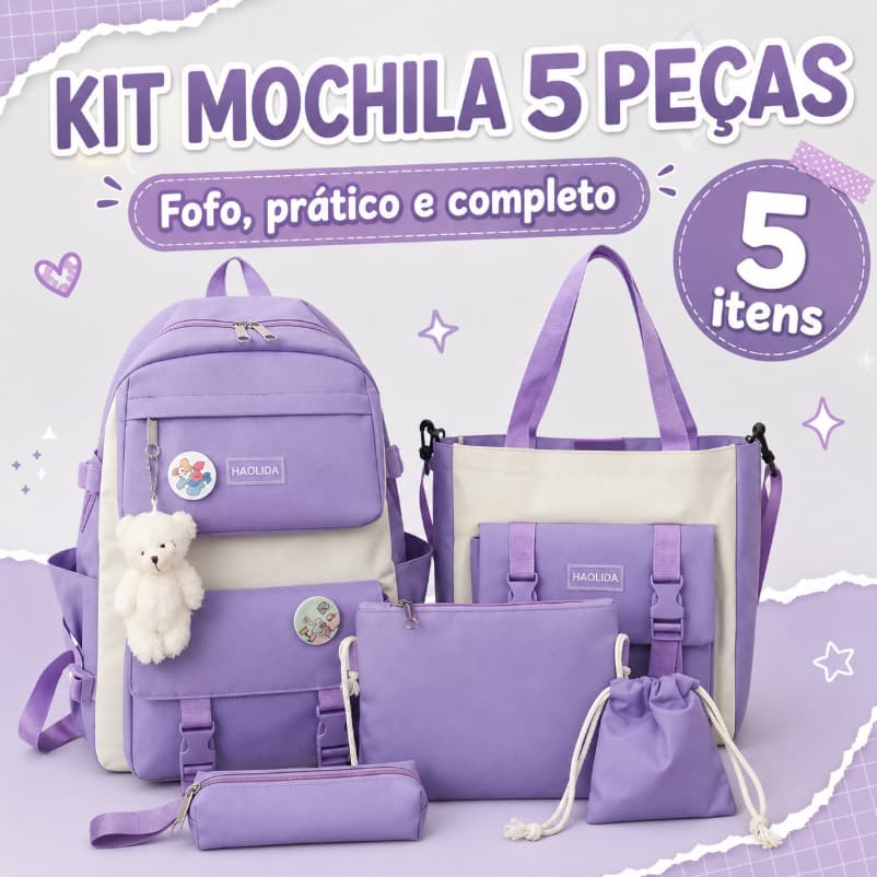 Conjunto Mochila Feminina Kit 5 Peças com Bolsa Tote Necessaire Estojo e Saco de Cordão Resistente à Água Multifuncional