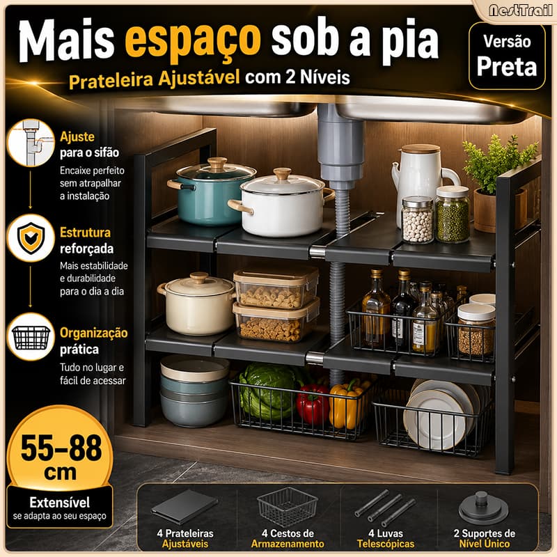 Prateleira Organizadora Retrátil Sob a Pia 2 Andares Ajustável – Organizador Multiuso para Armário de Cozinha e Sifão