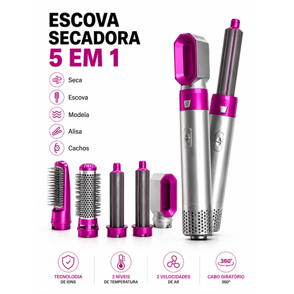 Escova Secadora 5 em 1 Multifuncional 1000W Modeladora Alisadora Secador Modelador de Cachos 110V