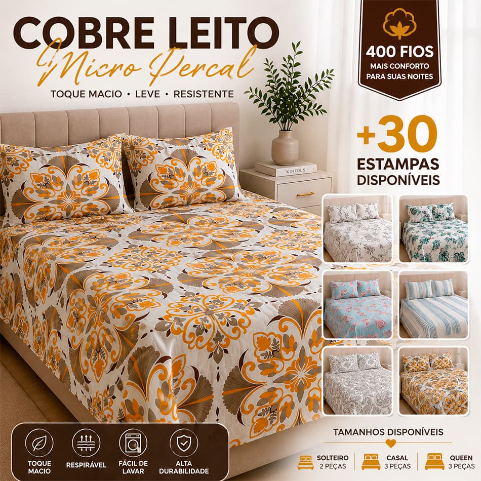 Jogo de Cobre Leito Casal 400 Fios 3 Peças Cama Box Casal Toque de Algodão Extra Macio Anti Bolinha