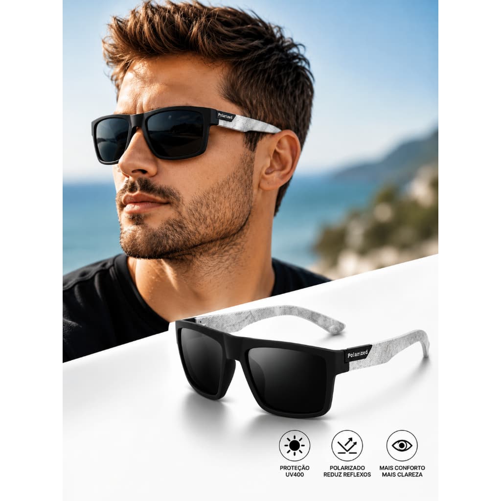 Óculos de Sol Masculino Polarizado UV400 Square Preto Proteção Solar Dirigir Praia Anti Reflexo OMG!