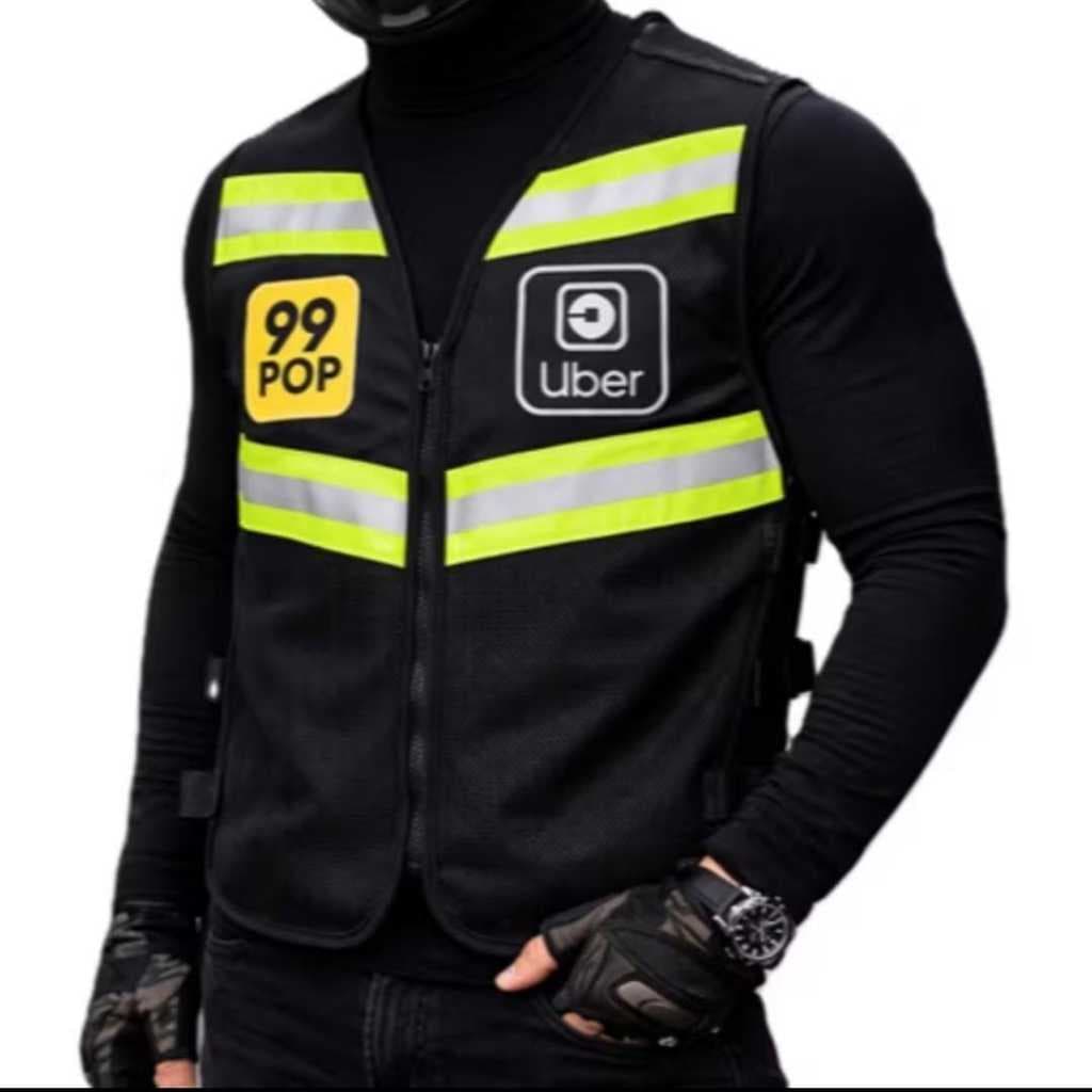 Kit Colete Refletivo Uber Moto 99 Pop Motoboy com Zíper + Blusa UV gola alta