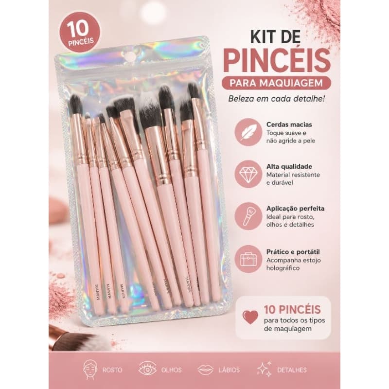 Kit 10 Pincéis para Maquiagem Profissional com Estojo Holográfico – Cerdas Macias para Rosto e Olhos