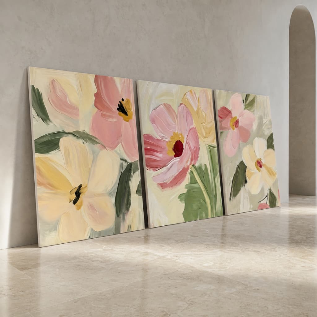 Quadros Decorativos Flores Silvestres Pastel - em Vinil MDF Floral Abstrata para Sala Rústica