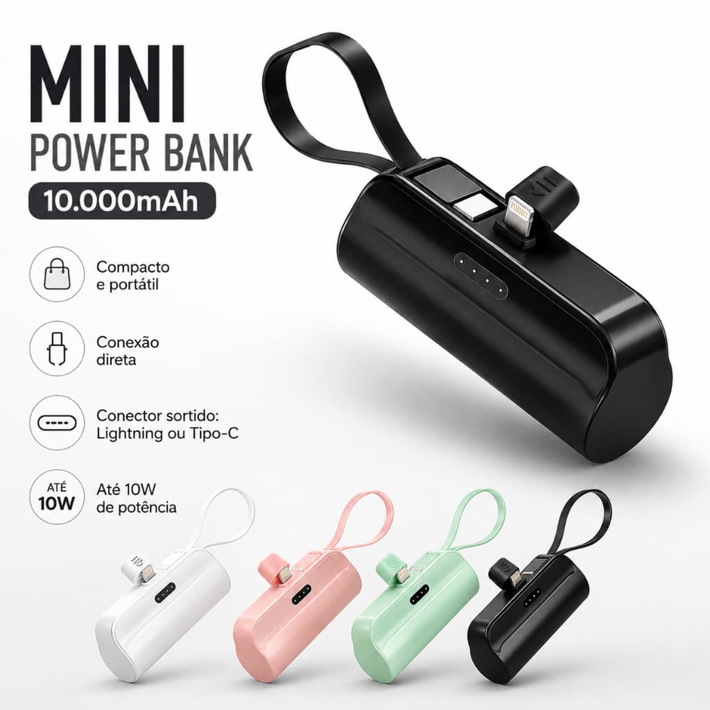 Mini Carregador Portátil Power Bank 10000mAh 2 em 1 para iPhone e Tipo C com Suporte