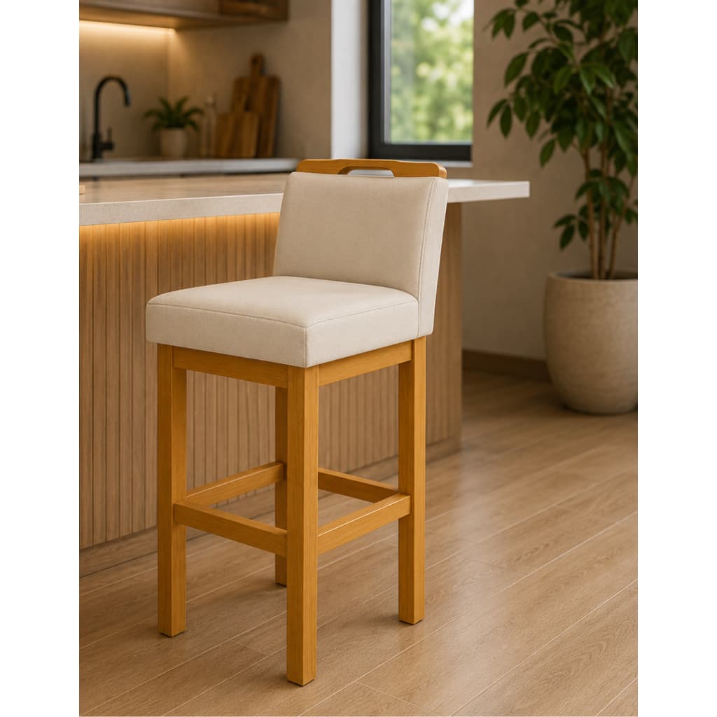 Banqueta Alta para Balcão e Bancada com Encosto Estofada com base de madeira Alça Ergonômica
