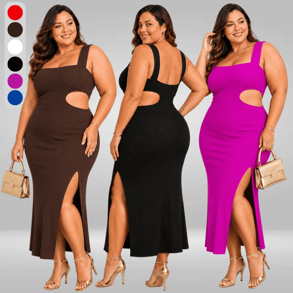 Vestido Plus Size de Alça Com Abertura Vazado Lateral Fenda na Perna Justo Colado Firme Sustentação