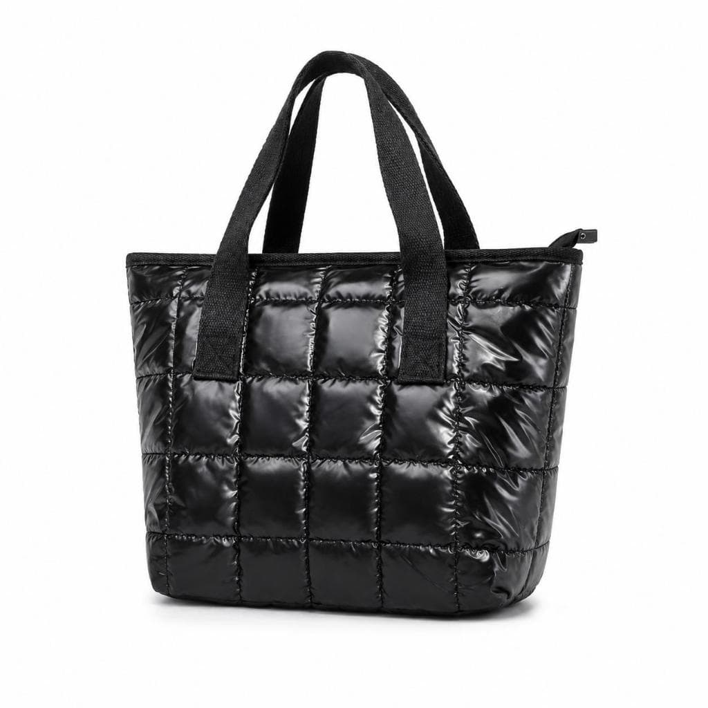 Bolsa Puffer Feminina Tote Acolchoada Fashion Preta de Ombro Zíper e Bolso Interno