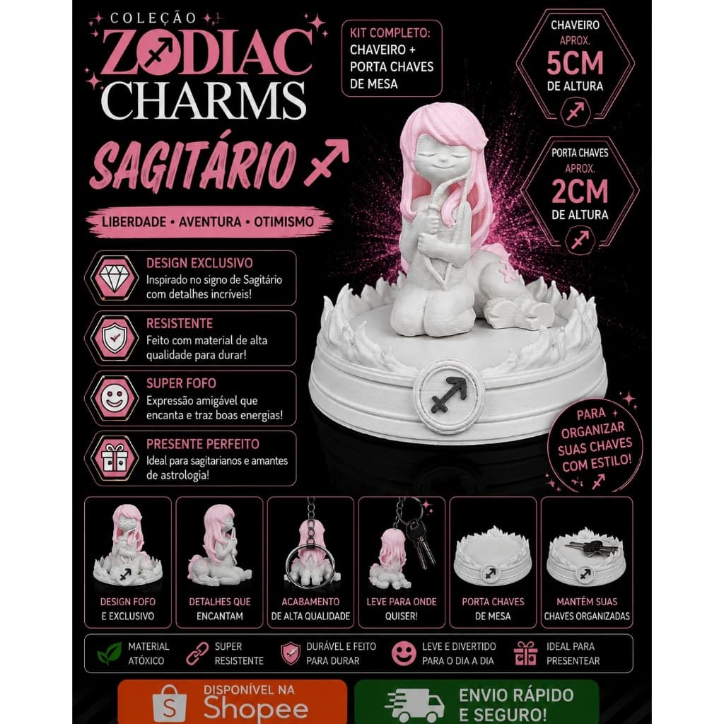 ♐ Kit Zodiac Charms – Sagitário | Chaveiro + Porta-Chaves de Mesa | Impressão 3D em PLA
