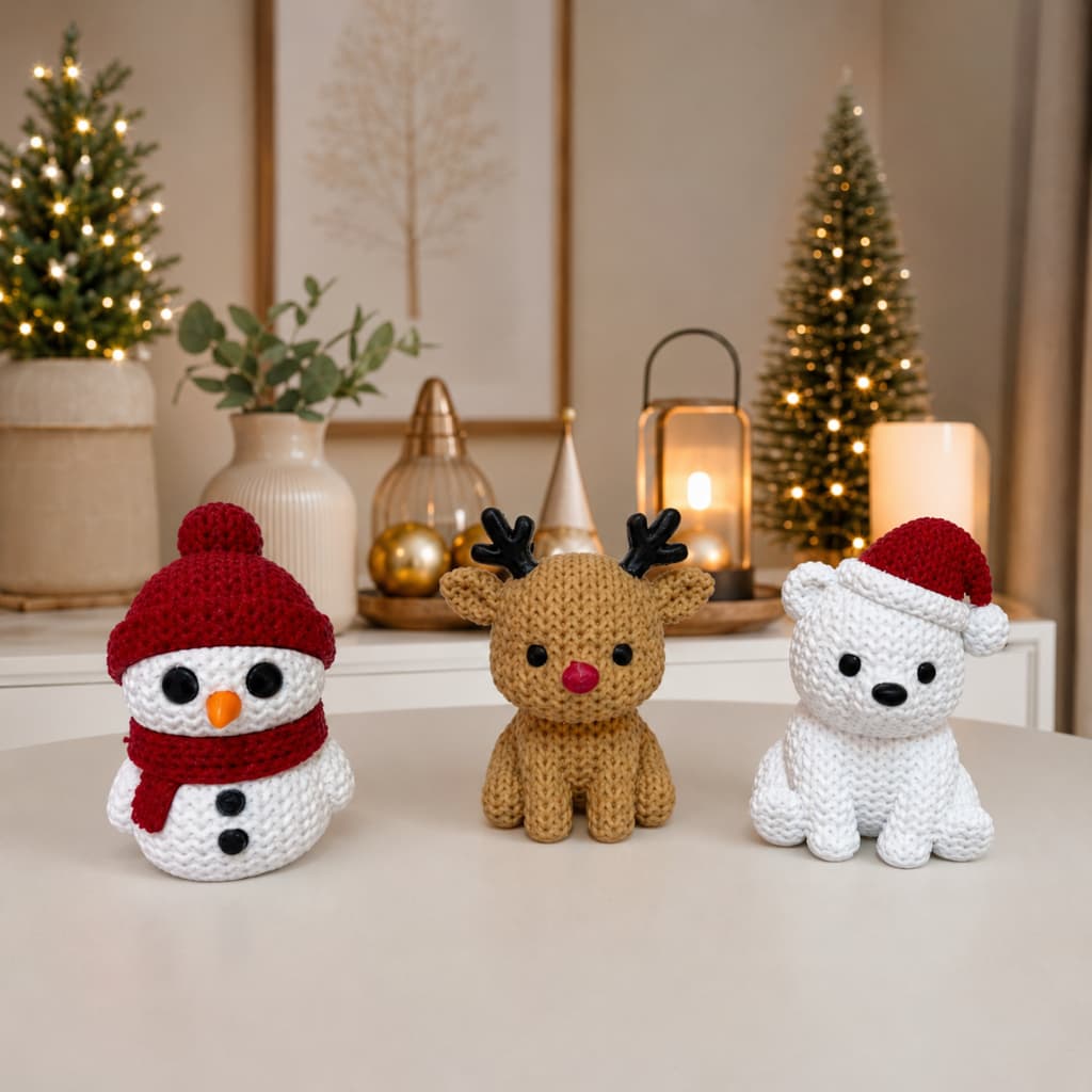 Decoração Natalina Estilo Crochê – 3 Peças Boneco de Neve, Rena e Urso Polar