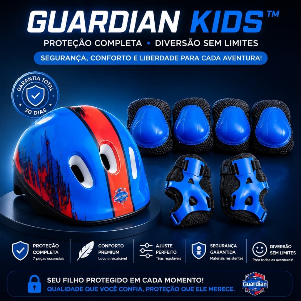 Guardian Kids™ Kit Proteção Infantil 7 Peças Capacete Ajustável Joelheira Cotoveleira Munhequeira Bike Skate PatinsAzul