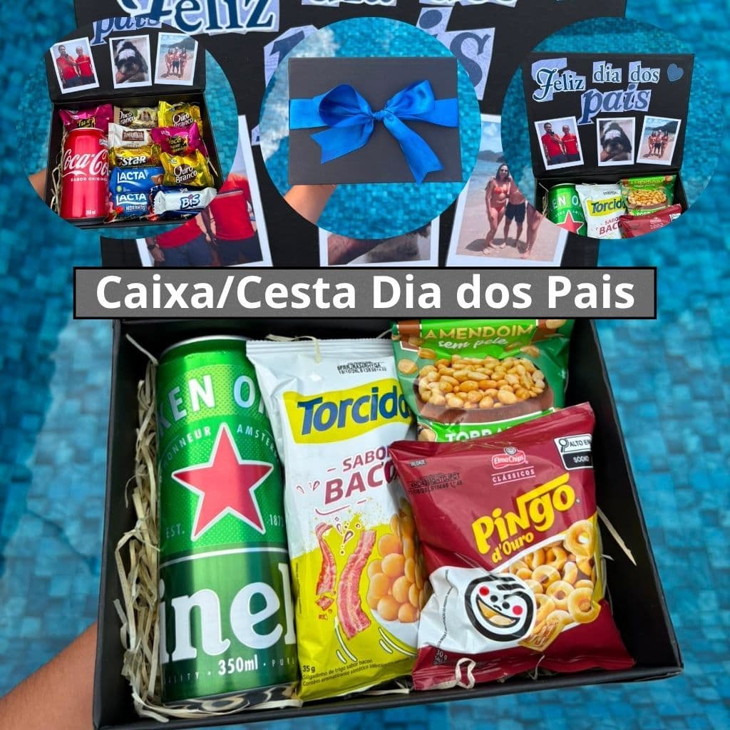 Kit Cesta/Caixa Cartonada Dia dos Pais Personalizada Com Fotos Polaroid Personalizada, Petiscos ou Chocolates