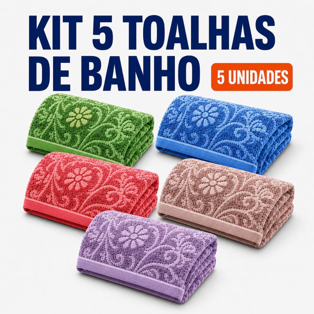 Kit com 5 Toalhas de Banho Felpudas Grandes 1,40m x 70cm Cores Sortidas