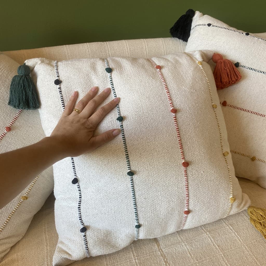 Capa De Almofada Decorativa Algodão 45x45 Boho Listrado Cru Artesanal Tassel 1 Un