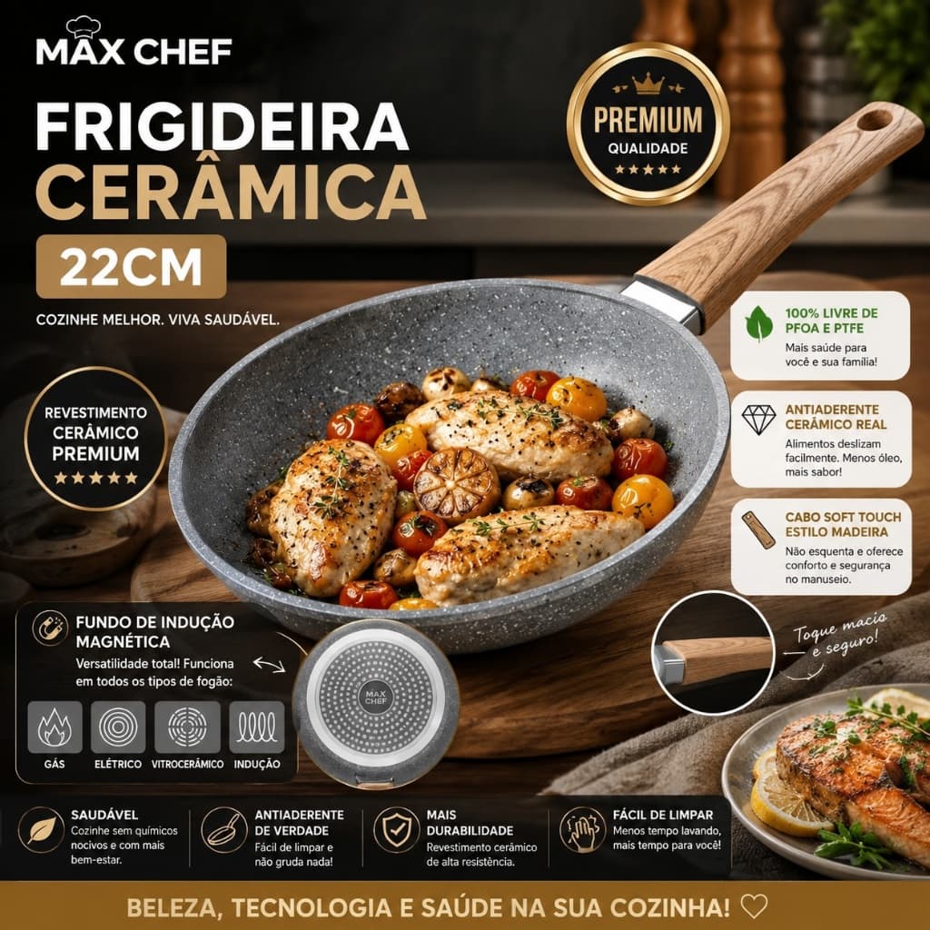 Frigideira Antiaderente Cerâmica Indução Gás 22cm Não Gruda Premium Max Chef