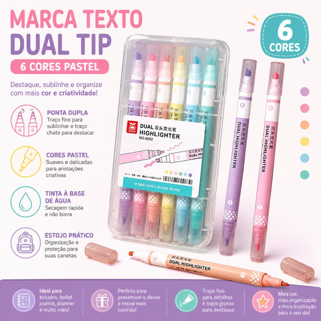 Marca Texto Pastel Dual High Lighter com 6 Unidades Ponta Fina 0.8 mm Ponta Chanfrada 3.8mm Planner