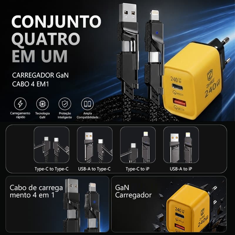 Cabo Carregador Celular Carregamento Rápido 4 em 1 Tipo C V8 Adaptador 1M Trançado com Adaptador