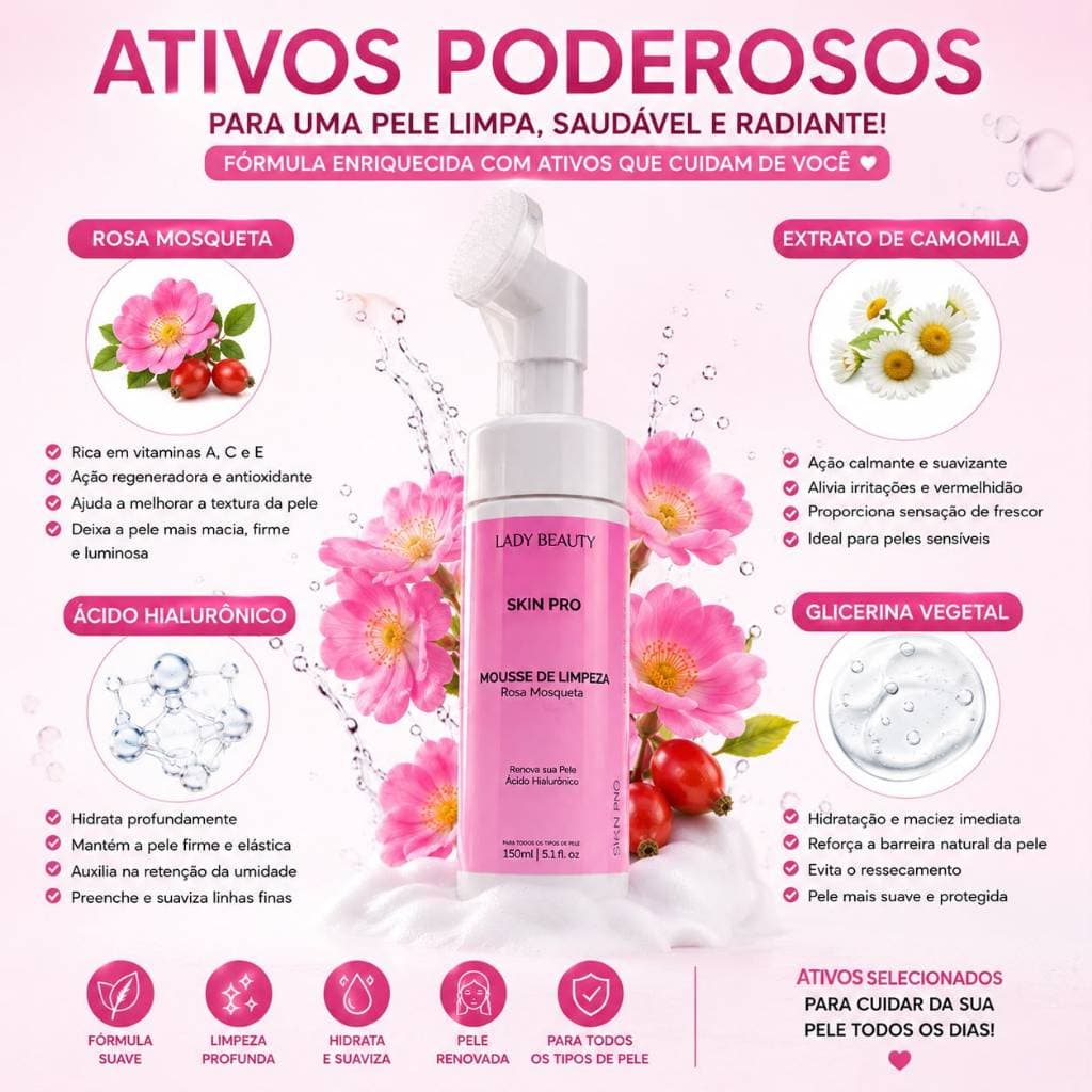 Mousse de Limpeza Facial Rosa Mosqueta 150ml Lady Beauty | Ácido Hialurônico | Sabonete Facial Espuma com Escova Massage