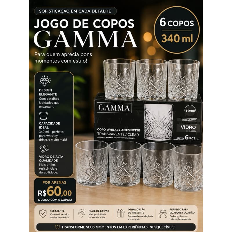 jogo de copos GAMMA copo 340 ML perfeito para drink ,whisky e muito mais de vidro com alta qualidade