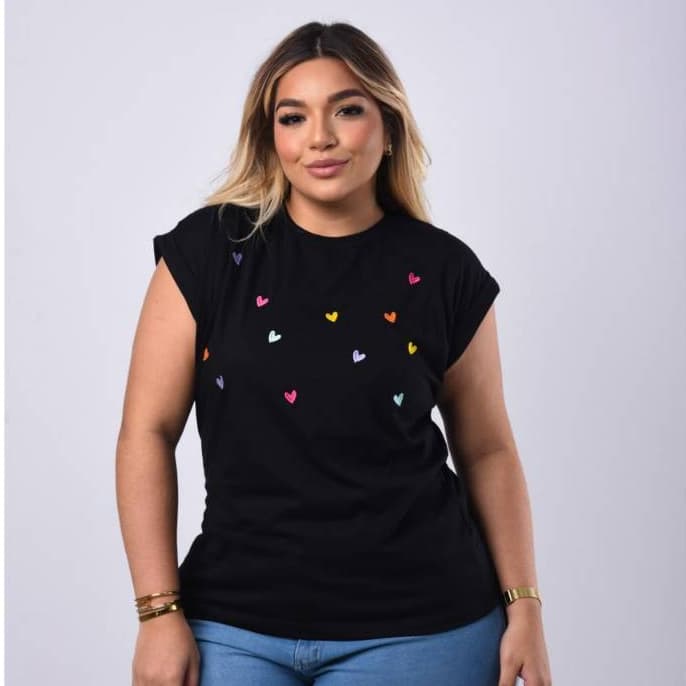 Blusa Plus Size Manga Japonesa Corações Bordados Casual 100% Algodão G2