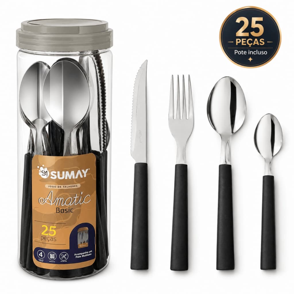Jogo De Talheres 25 Peças Amatic Aço Inox Com Porta Talheres Organizador Cozinha Uso Diário Sumay