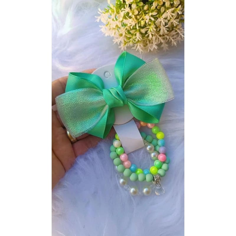 Conjunto Cristal Laço Infantil + Kit 3 Pulseiras Coloridas de Miçangas Menina