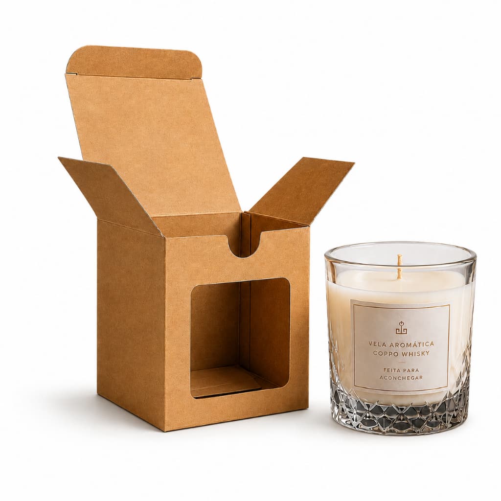 50 Caixas Kraft para Vela Aromática com Visor 8x8x8,5 cm | Copo Whisky 265ml | Pote Patê 150ml | Pote Pianezza 210ml