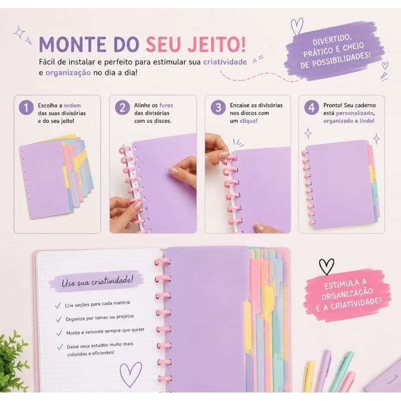 Kit Caderno REFFIL com 8 divisórias coloridas para caderno de 8 Discos A5 + 80 Folhas Pautadas.