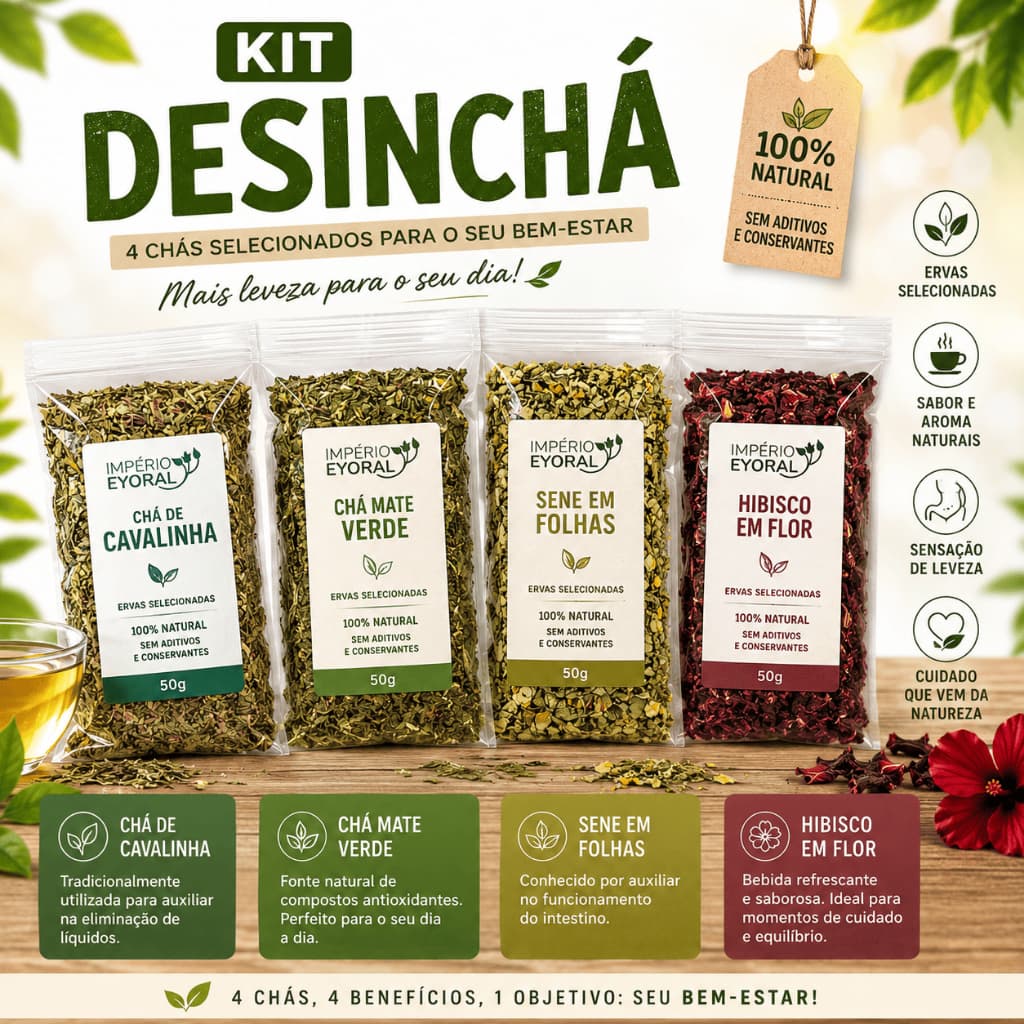 Kit Desinchá: Cavalinha, Cha Verde, Chá de Hibisco e Sene