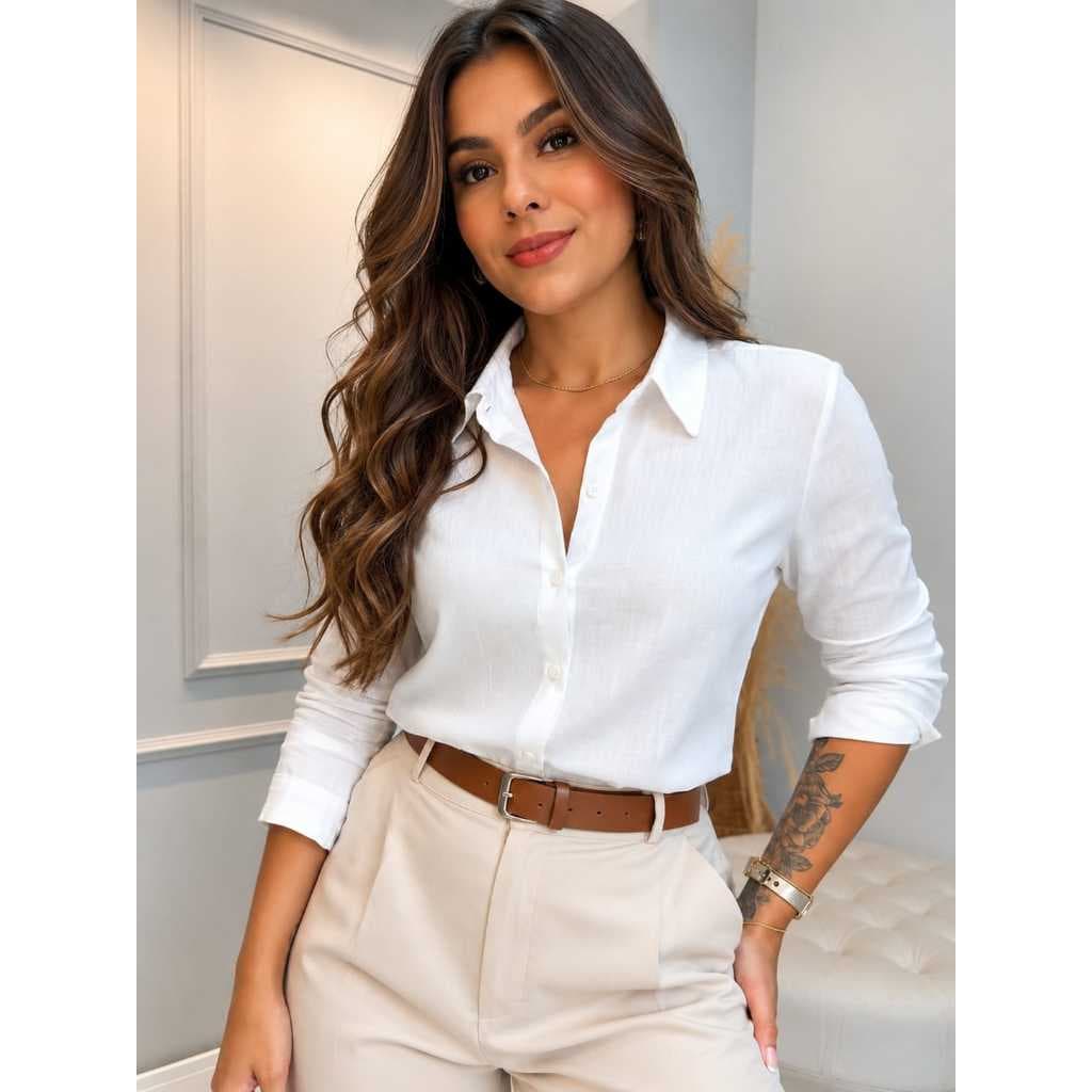 Camisa Social Feminina Viscolinho Manga Longa Botões Elegante Confortável Trabalho Casual