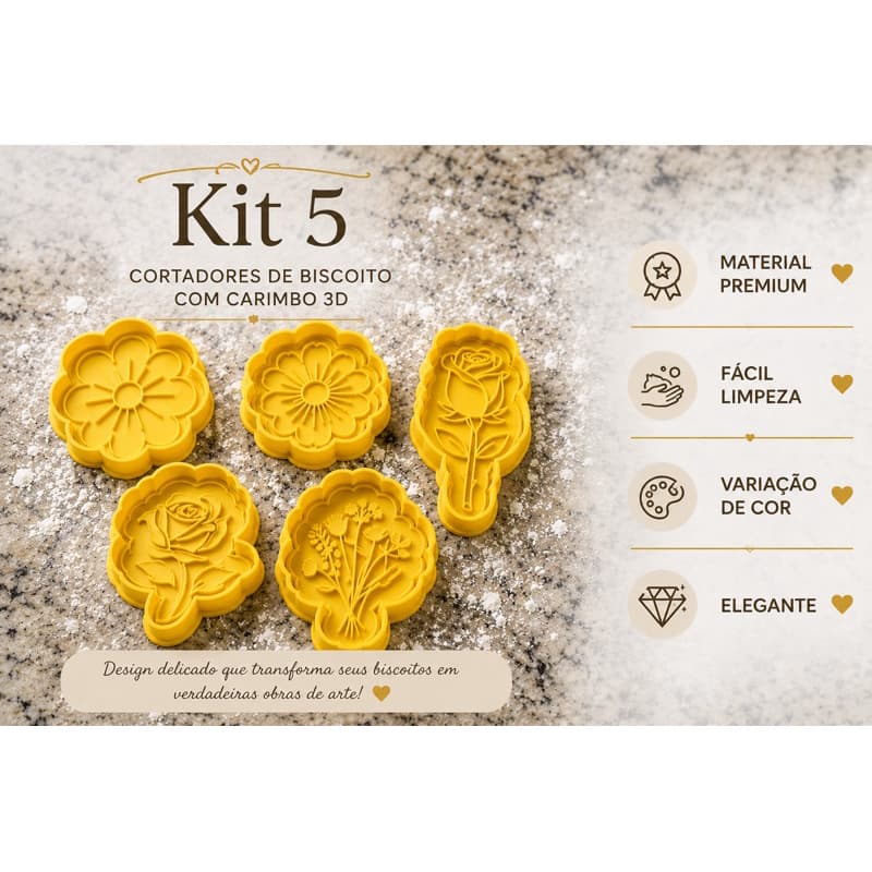 Kit 5 Cortadores de Biscoito Premium com Carimbo 3D Flores | Marcador para Massa, Pasta Americana e Biscuit