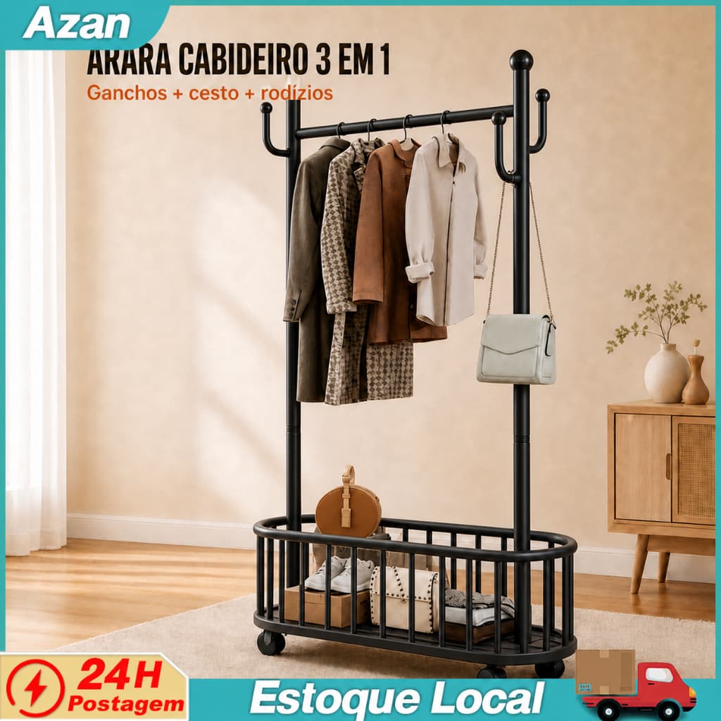 Cabideiro Arara de Roupas com Cesto Organizador Rodízios e Ganchos 100cm Preto