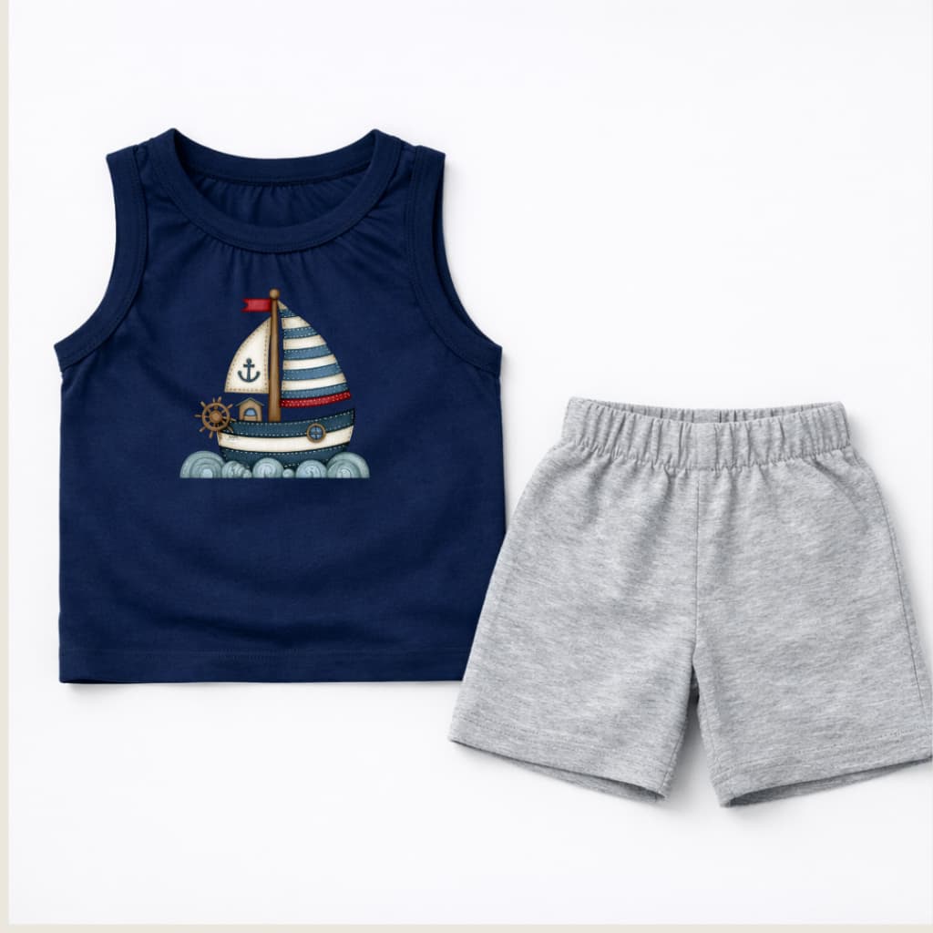 Conjunto Infantil Masculino Regata e Bermuda Leve e Macio Crianças Barquinho