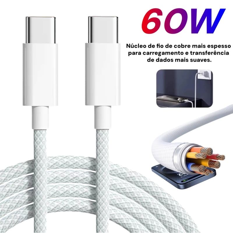 Cabo USB C 60W PD Nylon Trançado Para iPhone 15 16 17 Pro Max Carregamento Rápido 1m