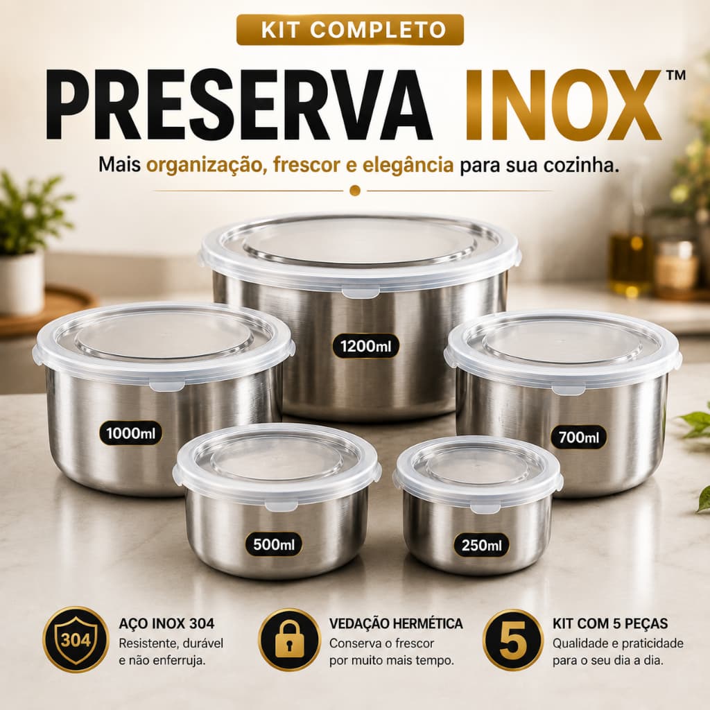 Potes Hermeticos de inox kit com 5 peças de inox com Tampa Vedação e Conservação de elite Alimentos