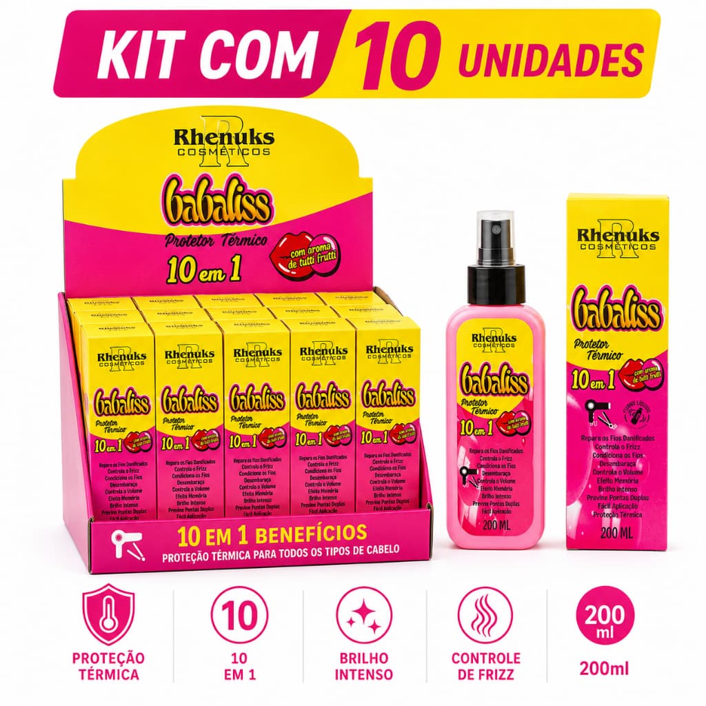 Kit 10 Protetor Térmico Babaliss Rhenuks 200ml Aroma Tutti Frutti 10 em 1 Atacado