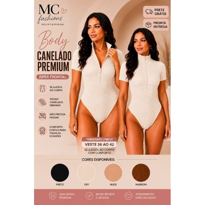 Body Feminino Canelado Premium Gola Alta com Zíper Frontal Manga Curta Tamanho Único 36 ao 42