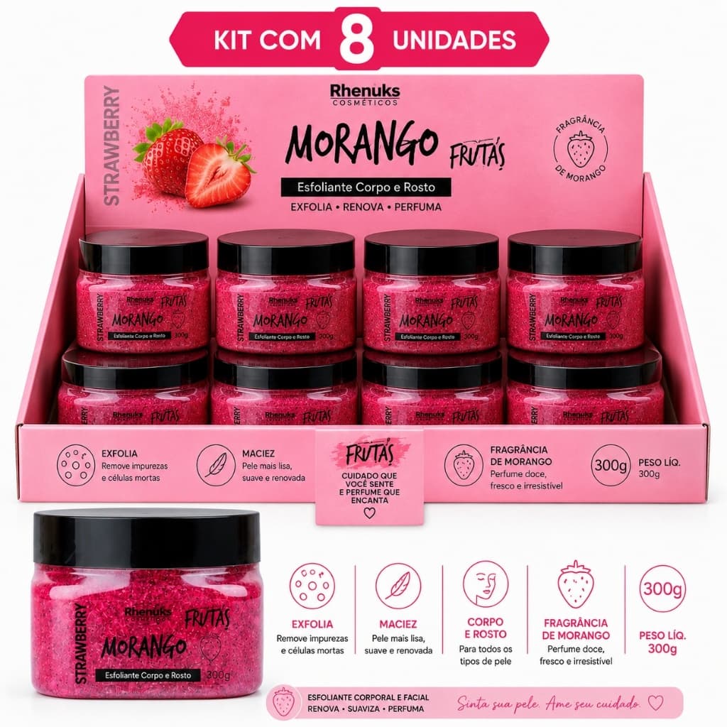 Kit 8 Esfoliante Corpo E Rosto Morango Rhenuks 300g Frutas Atacado