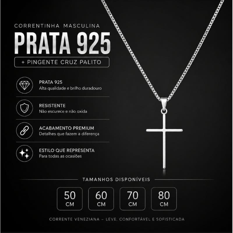 PRESENTÃO 🎁 Correntinha Masculina Banhada a Prata 925 + Pingente Cruz Palito