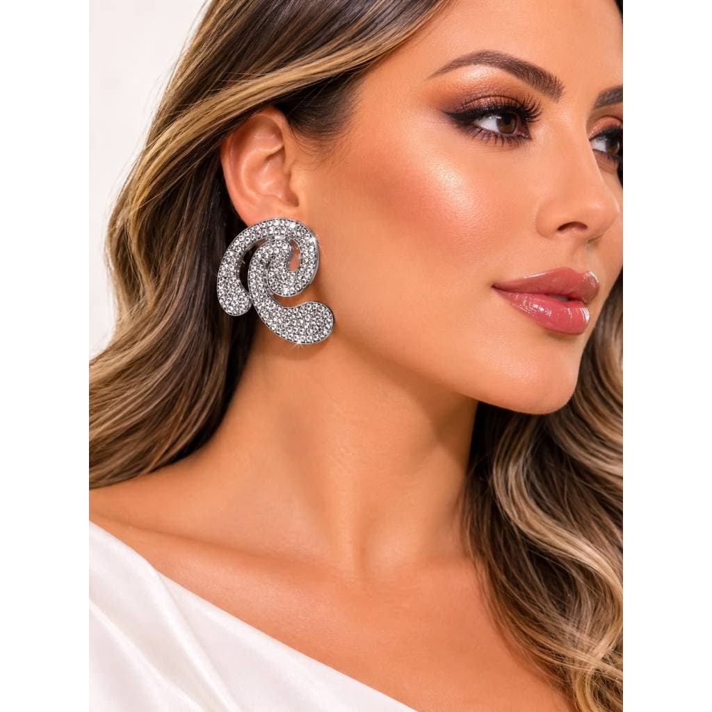 Brinco Maxi Feminino Strass Prata Premium Luxo Festa Brilho Intenso Elegante Bijuteria Fina Grande