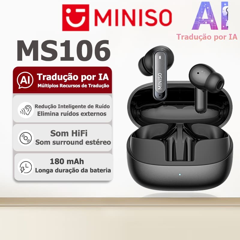 Garantia de 1 ano, fone de ouvido sem fio verdadeiro de tradução IA MINISO MS106, Bluetooth 6.0, OWS TWS, fone esportivo